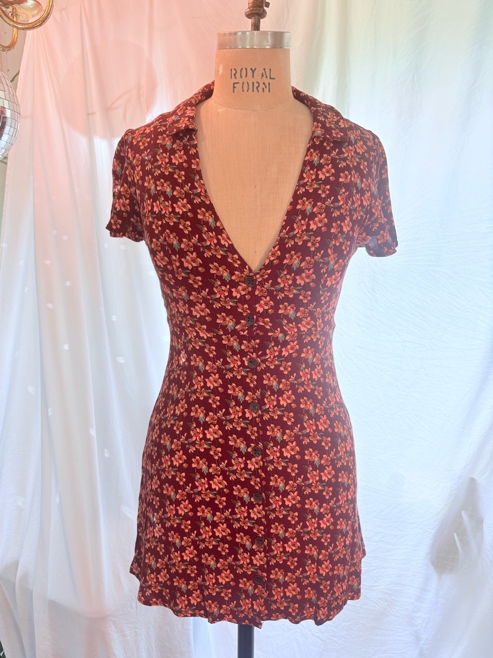 Urban Outfitters Burgundy Floral Collared 90s Girly Mini Dress Size S